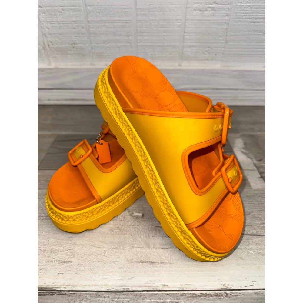 Coach Lucy Rubber Platform Slide Women Yellow Orange Double Buckle Sandal 7B
